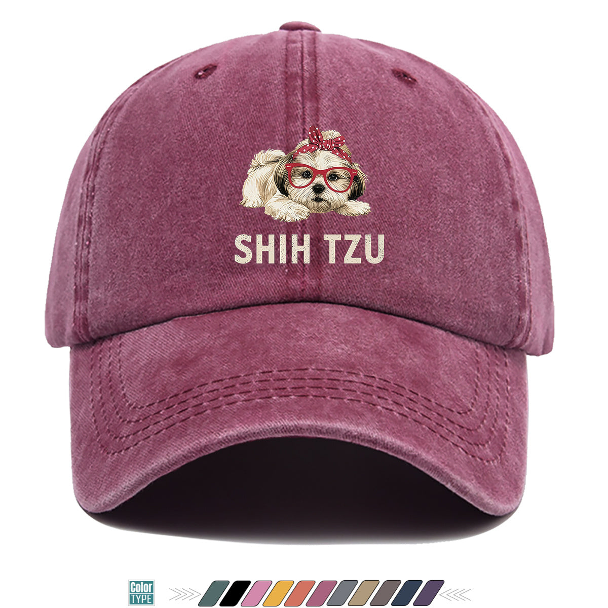 1pc Fashion Cartoon Shih Tzu Print Baseball Cap Comfortable Breathable Duck Tongue Hat Cute Pet Dog Pattern Red And White Polka Dot Bow + Red Frame Glasses Design Unisex Sun Hat Adjustable Size Suitable for Daily Travel, Shopping, Dating