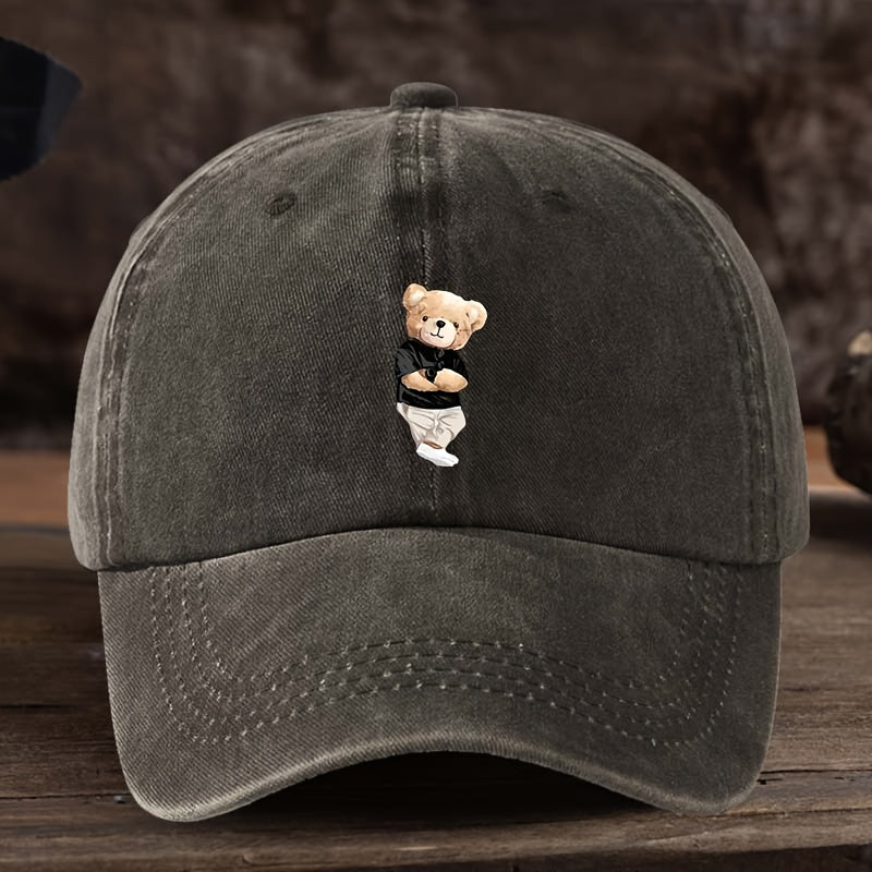 Men's & Suitable for Teddy Bear Lovers - Cute Teddy Bear Holding Hands Design Flat Brim Cap, Durable Textile Machine-Washable Hat for Outdoor, Casual & Casual Attire - Playful Gift for,, Teddy Bear-Themed Events