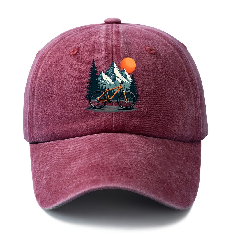 Unisex Fashion Versatile Printed Sunset Bicycle Baseball Cap, Classic Retro Washed Outdoor Lightweight Curved Cap, Trucker Hat, Suitable for Outdoor Vacation Travel Camping And Casual Occasions, Holiday Party Hip-Hop Hat