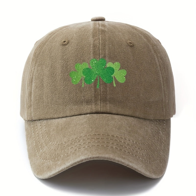 Green Clover Print Adjustable Snapback Cap - Outdoor Textile Hat with Four- Clover, Comfortable Casual Wear for, Camping, Travel, Ideal Gift Suitable for Couples & Outdoor Activities