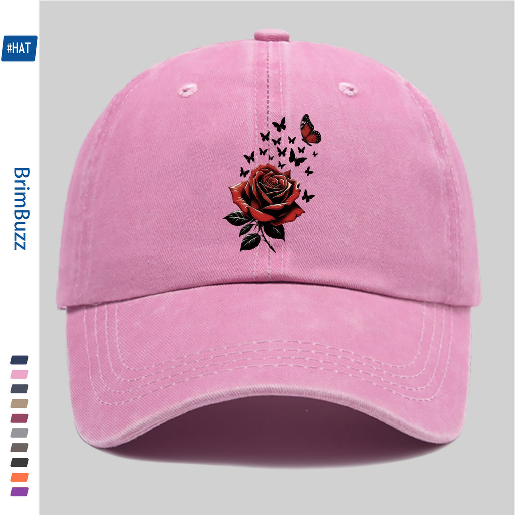 1pc Adjustable Trucker Sun Hat, Unisex, Vintage Washed Baseball Cap with Rose And Butterfly Print, Lightweight Outdoor Hat Suitable for Beach, Travel, Cycling, Party Gifts, Non-Elastic Strap Hat Suitable for Daily Casual Wear (Hand Washable)