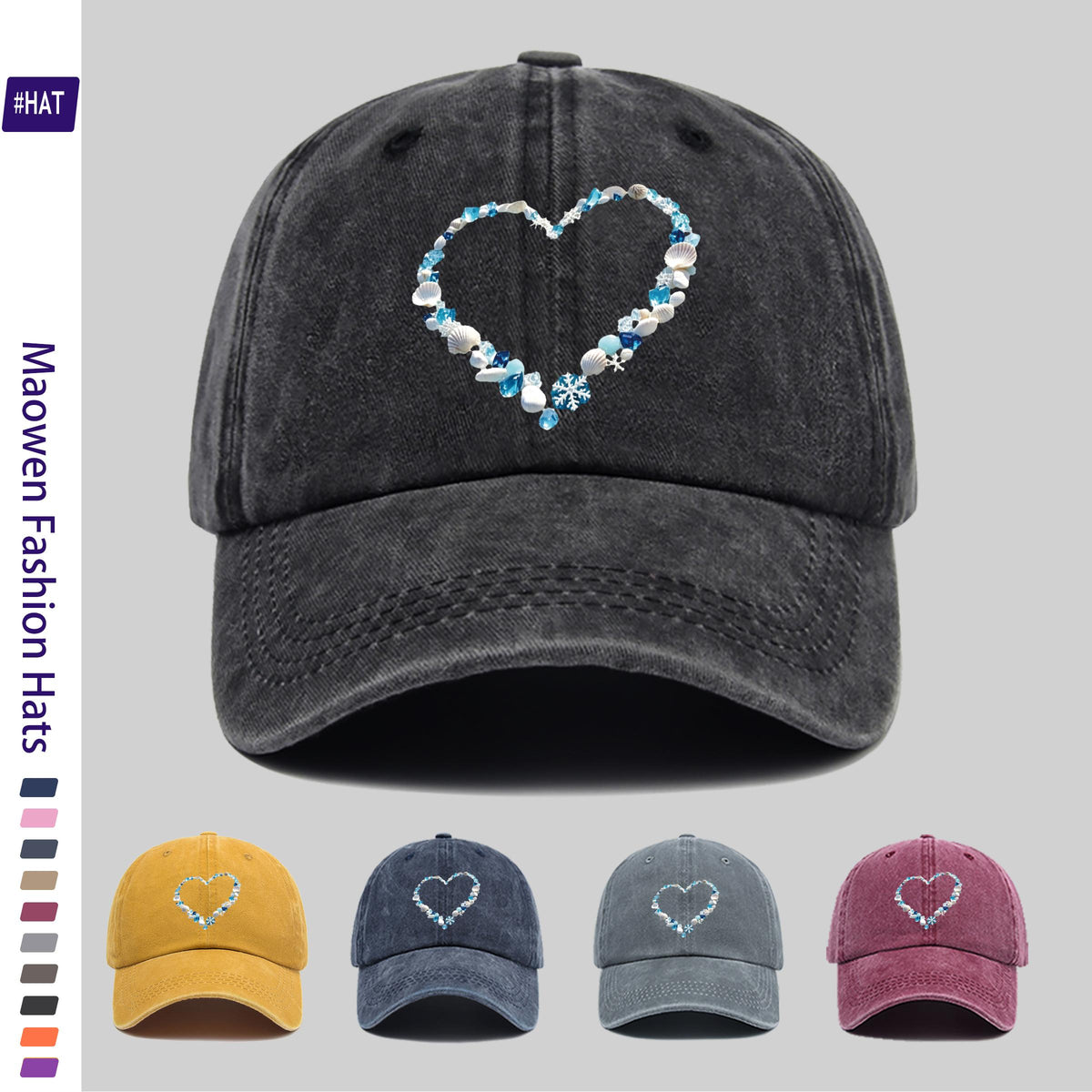 1 Shell and Ice Heart Print Washed Vintage Trucker Dad Hat- Adjustable Snapback Baseball Cap, Suitable for Sports, Outdoor Activities, Travel, and Everyday Casual Wear, Unisex, Lightweight Shell Texture Hat with Shell and Ice Heart Pattern, Durable