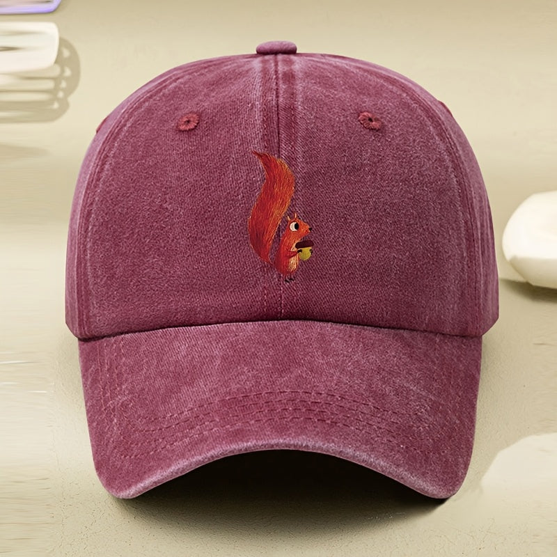 Little Squirrel Cartoon Print Women'S Baseball Cap, Spring/Summer Versatile Vintage Soft Top Duckbill Cap, Dad Hat, Distressed Washed Cap, Outdoor Personalized Soft Top Hat, Unisex Hat, Distressed Washed Hat, Men'S Hat, Women'S Hat