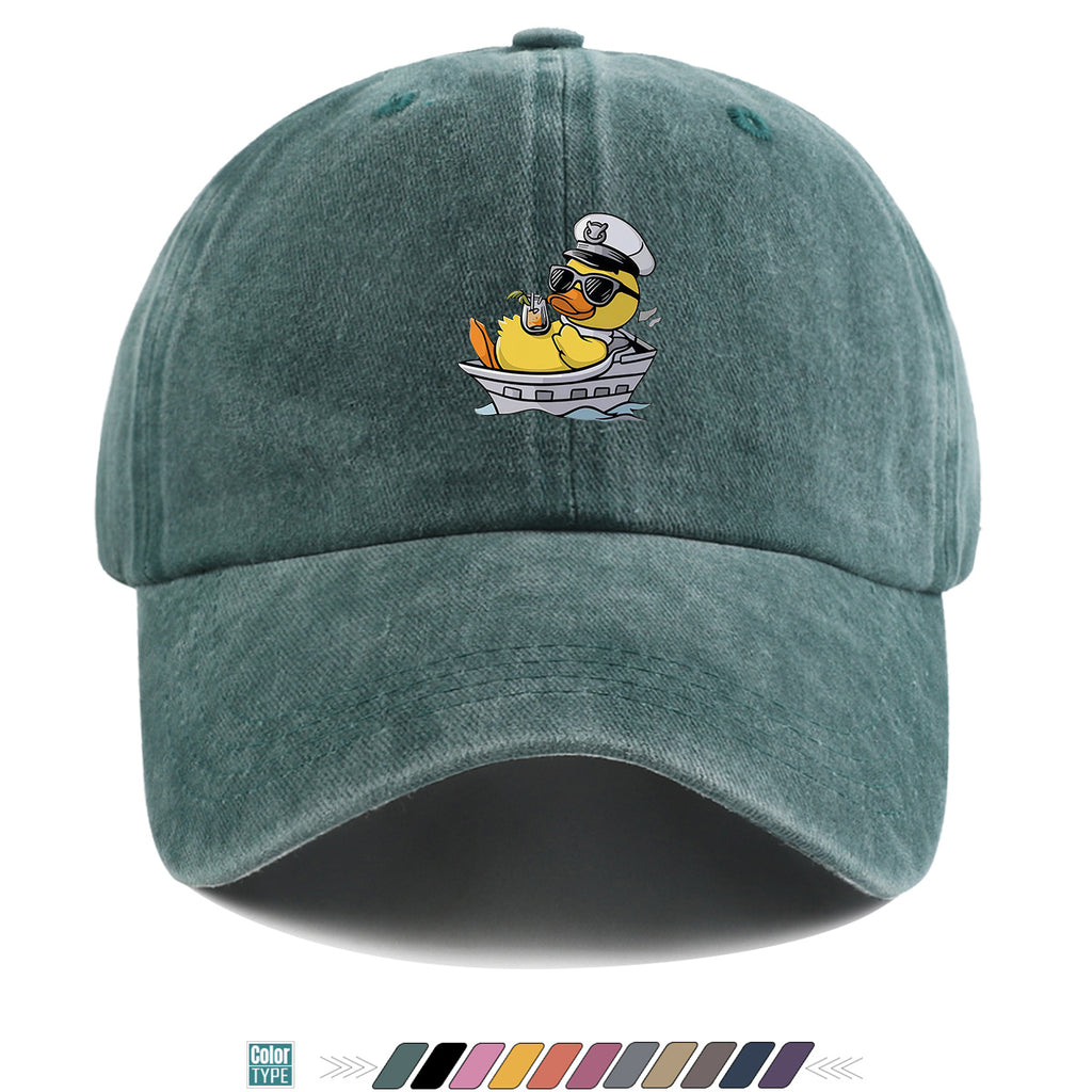 1pc Cartoon Captain Duck Printed Baseball Cap, Yellow Duck Wearing Captain Hat And Glasses, Sitting on Yacht with Drink, Fun Trendy Sun Hat, Unisex Adjustable Casual Street Fashion Hat, Outdoor Play Vacation Hat, Beach Seaside Sunshade Hat