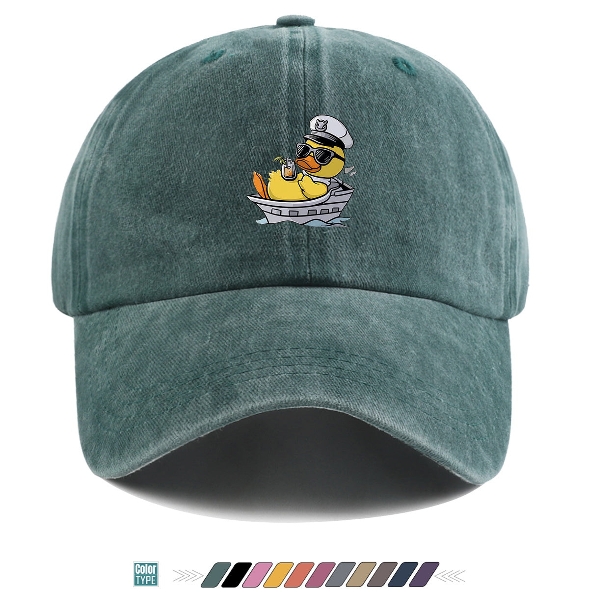 1pc Cartoon Captain Duck Printed Baseball Cap, Yellow Duck Wearing Captain Hat And Glasses, Sitting on Yacht with Drink, Fun Trendy Sun Hat, Unisex Adjustable Casual Street Fashion Hat, Outdoor Play Vacation Hat, Beach Seaside Sunshade Hat