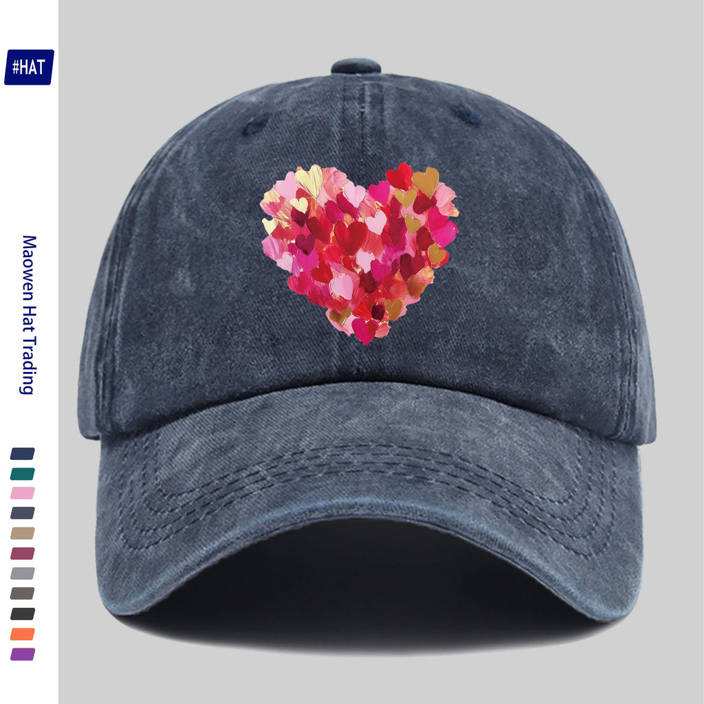 Heavy-Duty Washed Vintage Trucker Cap, Thick Oil-Painting Style Heart Print, Adjustable Snapback Closure, Suitable for Sports, Unisex Outdoor Cap, Ideal for All-Season Travel, Durable Headwear