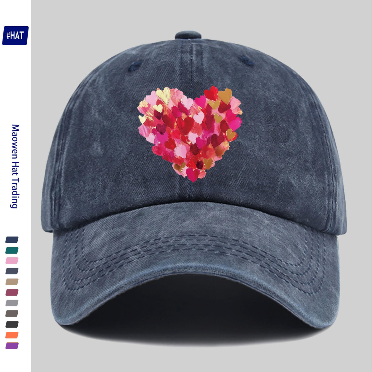 Heavy-Duty Washed Vintage Trucker Cap, Thick Oil-Painting Style Heart Print, Adjustable Snapback Closure, Suitable for Sports, Unisex Outdoor Cap, Ideal for All-Season Travel, Durable Headwear