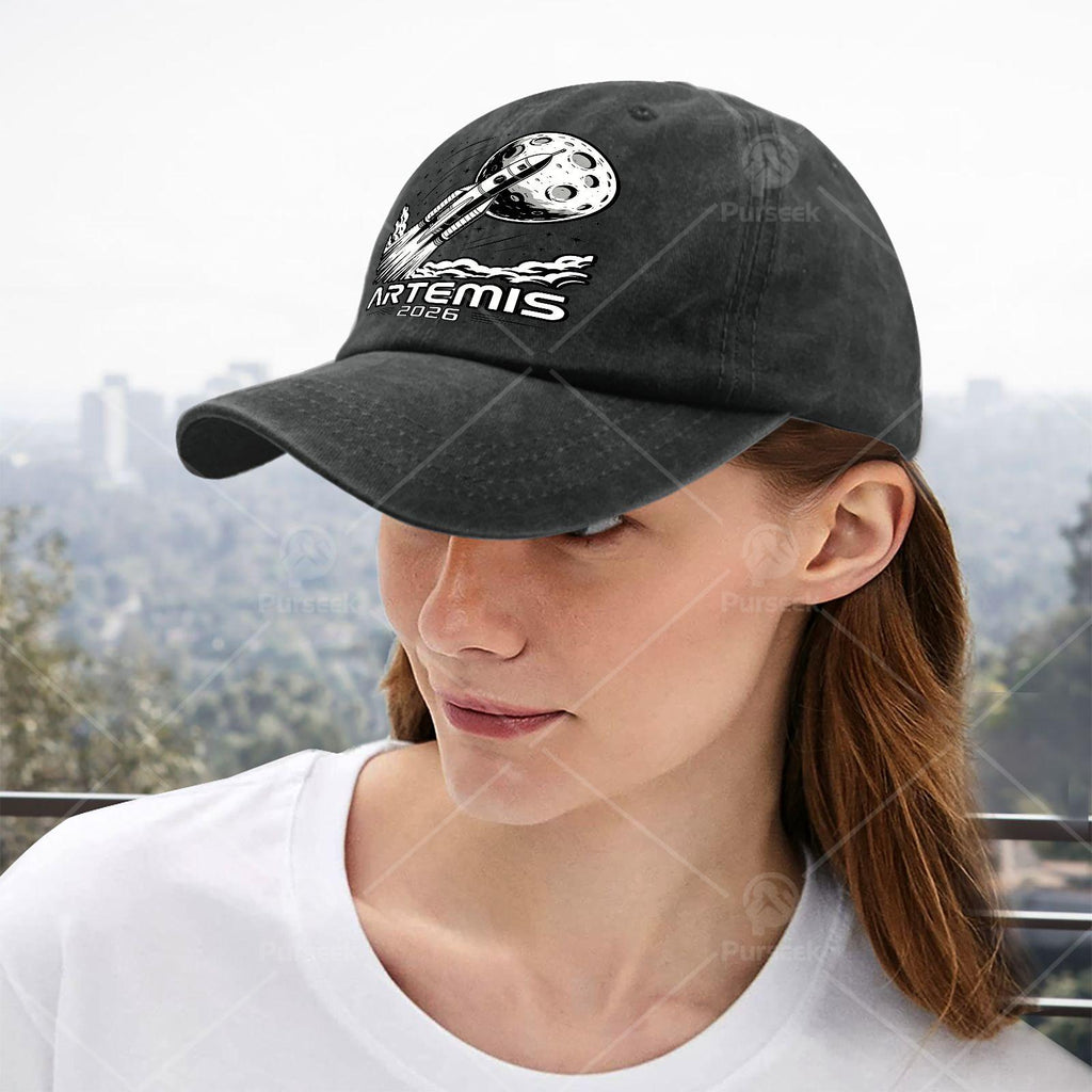Artemis Launch to The Moon Retro Washed Distressed Baseball Cap - Unisex Full-Body Print with Artemis & Space, Lightweight Round Top Suitable for Christmas, 4th of, Events, Casual Wear, Hand Washable Vintage Hat
