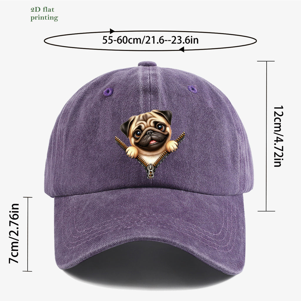 1pc Pug Zipper Print Baseball Cap, Cute Animal Pattern Headwear, Fashionable and Versatile Hat Accessory, Unisex Street Style Hat with Adjustable Size, Slimming and Face-Shaping, Suitable for Daily Outings, Parties, Dates, Shopping, Outings