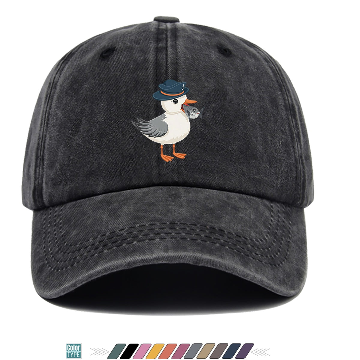 1pc Cartoon Seagull Wearing a Navy Hat with an Anchor Pattern, Holding a Fish in Its Mouth, with a Colorful Geometric Striped Background. Fun Animal Print Baseball Cap, Comfortable And Breathable Sun Hat, Stylish, Individual, And Beautiful