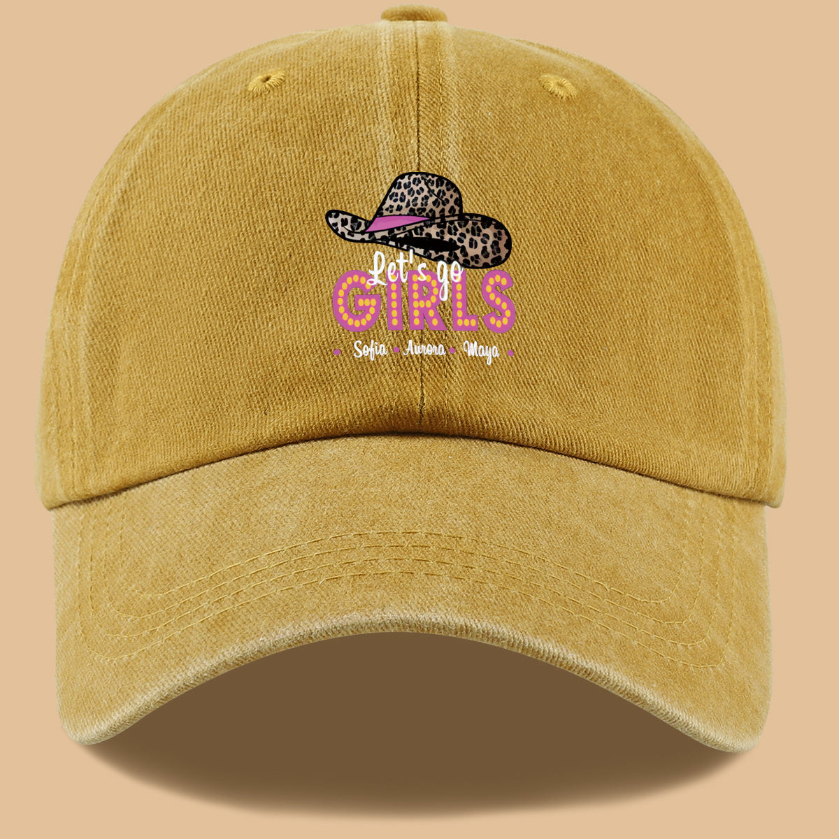 1pc Leopard Print Wide Brim Baseball Cap, Pink Brim with "Let'S Go GIRLS" Neon Style Letters, Adorned with Sofia, Aurora, Maya Names. Fashionable And Individual Sun Hat, Adjustable Size. Bestie Outing Hat, Sister Gathering Hat