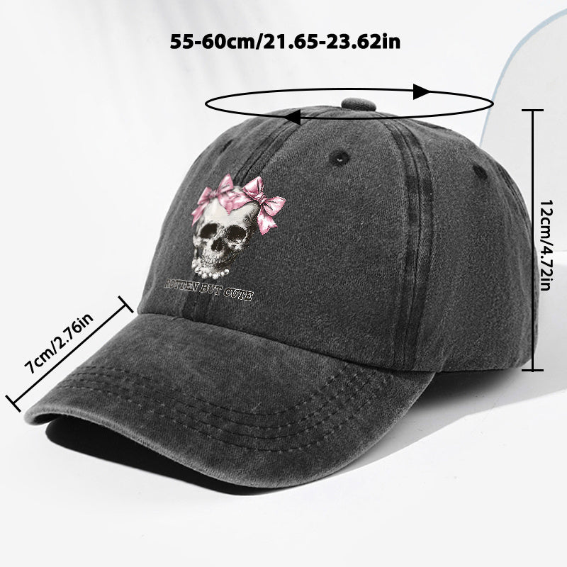Unisex ROTTE BUT CUTE Letter Skull Print Washed Vintage Baseball Cap Fashion Men Women Sun Hat Adjustable Size Trucker Hat Suitable for All Seasons Daily Wear
