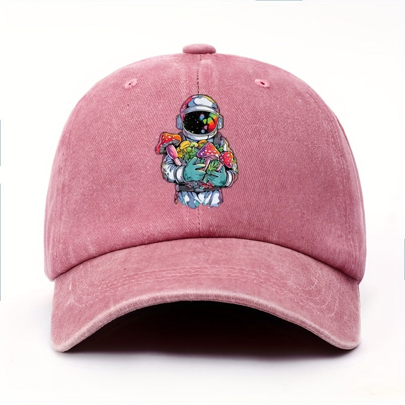 Vintage-style Astronaut Holding Various Mushroom Prints, Washed Baseball Cap, Fun Adjustable Hat