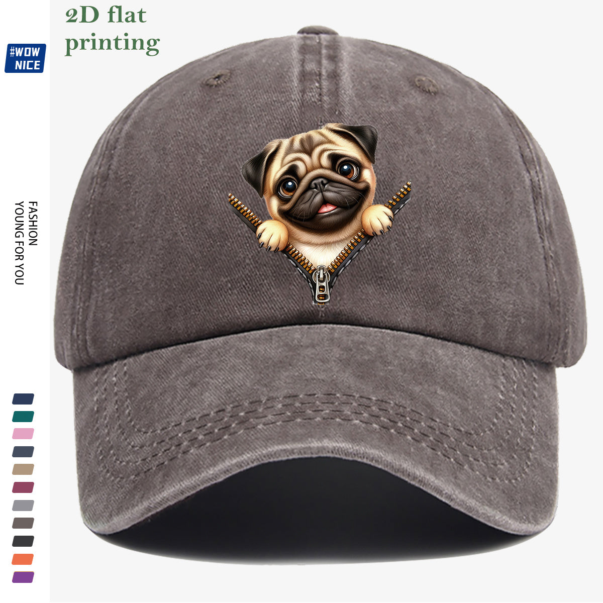 1pc Pug Zipper Print Baseball Cap, Cute Animal Pattern Headwear, Fashionable and Versatile Hat Accessory, Unisex Street Style Hat with Adjustable Size, Slimming and Face-Shaping, Suitable for Daily Outings, Parties, Dates, Shopping, Outings