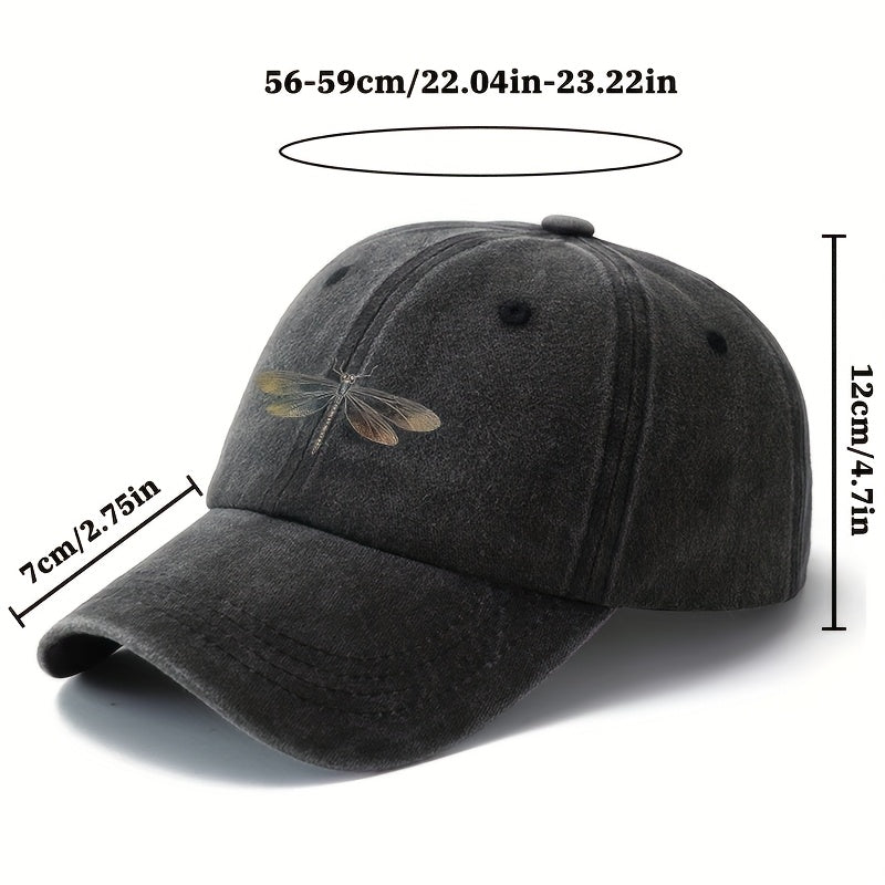 A Unisex Fashion Baseball Cap with a Printed Dragonfly Pattern, Trendy Style for Outdoor Activities, Sun Curved Brim Hat, Adjustable Size for Outdoor Vacations, Travel, Camping, and Casual Wear, a Top Choice for Gifts.