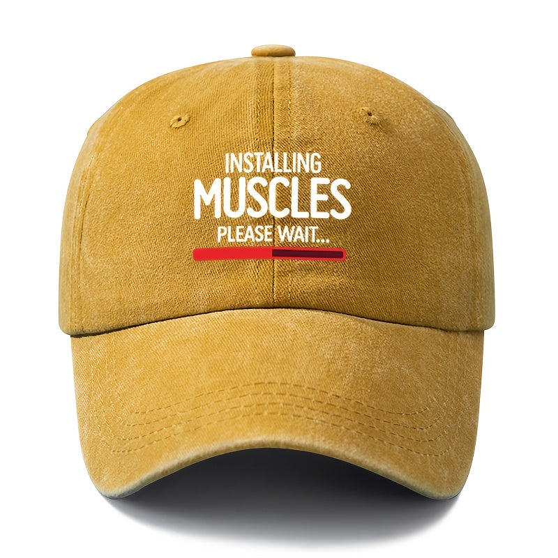 A Unisex Fashionable and Versatile Printed "MUSCLES" Baseball Cap, Featuring a Classic Vintage Washed Outdoor Lightweight Curved Brim. This Trucker Baseball Cap Is Suitable for Casual Occasions Such as Outdoor Vacations, Travel, and Camping. It Also