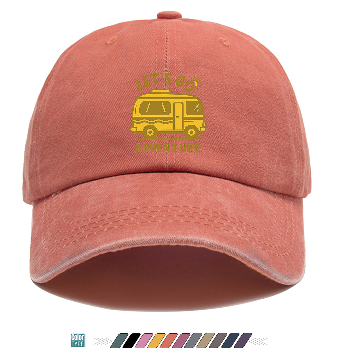1pc "LET's GO ADVENTURE" Camper Van Print Baseball Cap, Vintage Yellow RV Pattern Sun Hat, Fashionable Casual Sun Hat, Unisex Adjustable Duckbill Cap for Outdoor Adventures, Road Trips, Camping Picnics, Weekend Outings, Park Strolls, Beach Vacations
