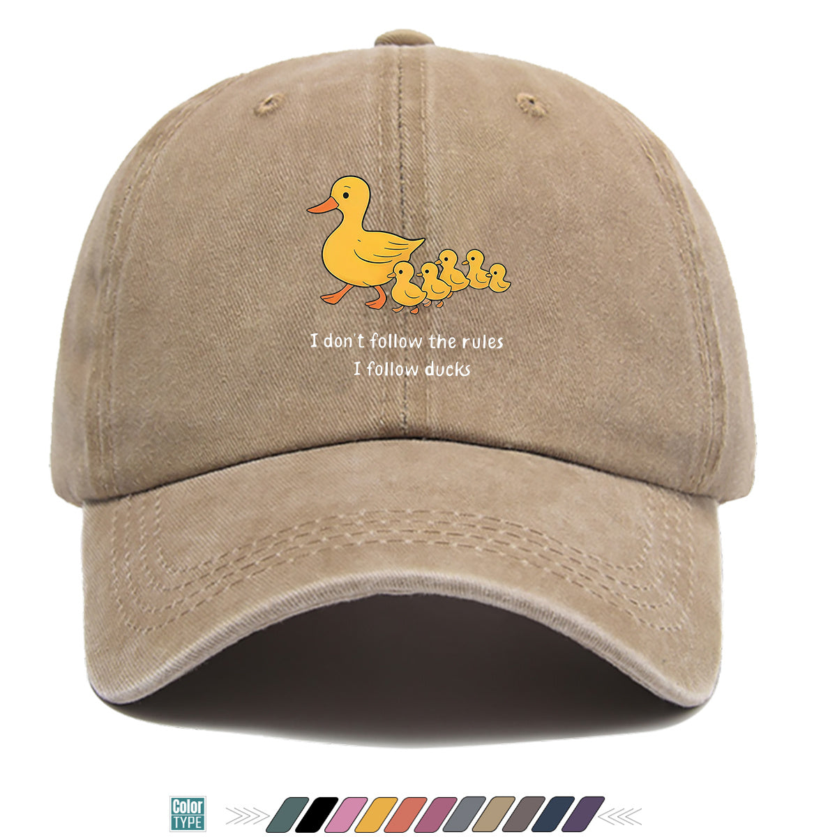 1pc Cartoon Mother Duck with Five Ducklings Print Baseball Cap, Retro Glitch Art Style Striped Background, Funny Slogan "I Don'T Follow The Rules, I Follow The Ducks", Comfortable And Breathable Sun Hat