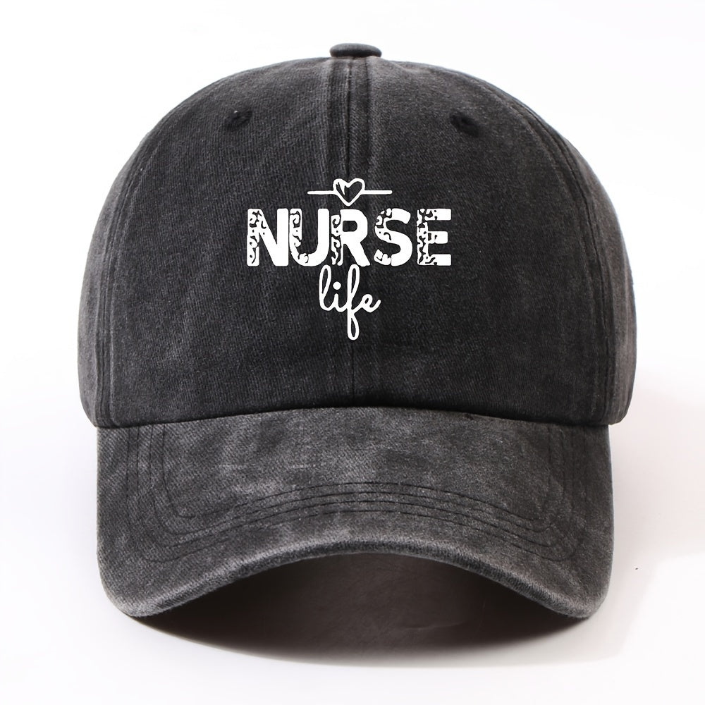 1 Fashion Nurse Letter Washed Baseball Cap Unisex Adjustable Brim Sun Hat Shopping Cycling Skateboarding Trendy Baseball Cap,  Casual Wear, Sporty Style, Geometric Pattern, Metal Buckle Closure, Durable Material, Unisex Headwear, Men And Women