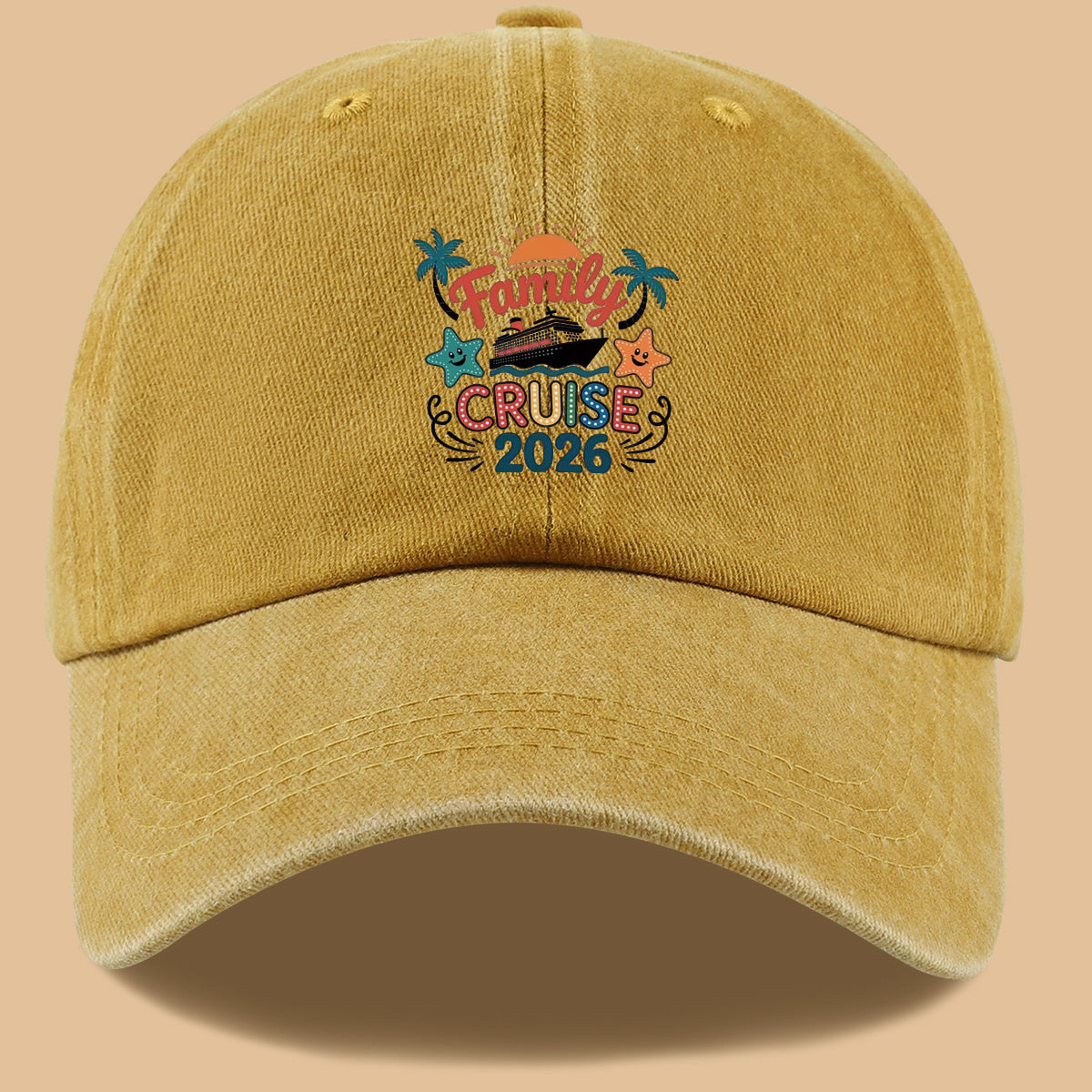 1pc "Family Mail Steamer 2025.98inch" Themed Printed Baseball Cap, Fun Cartoon Mail Steamer Ship, Stars, Palm Trees, Sunset Pattern, Fashionable Casual Sun Hat, Unisex, Adjustable Size, Dad's Fishing Hat, Mom's Vacation Hat, Suitable for Family
