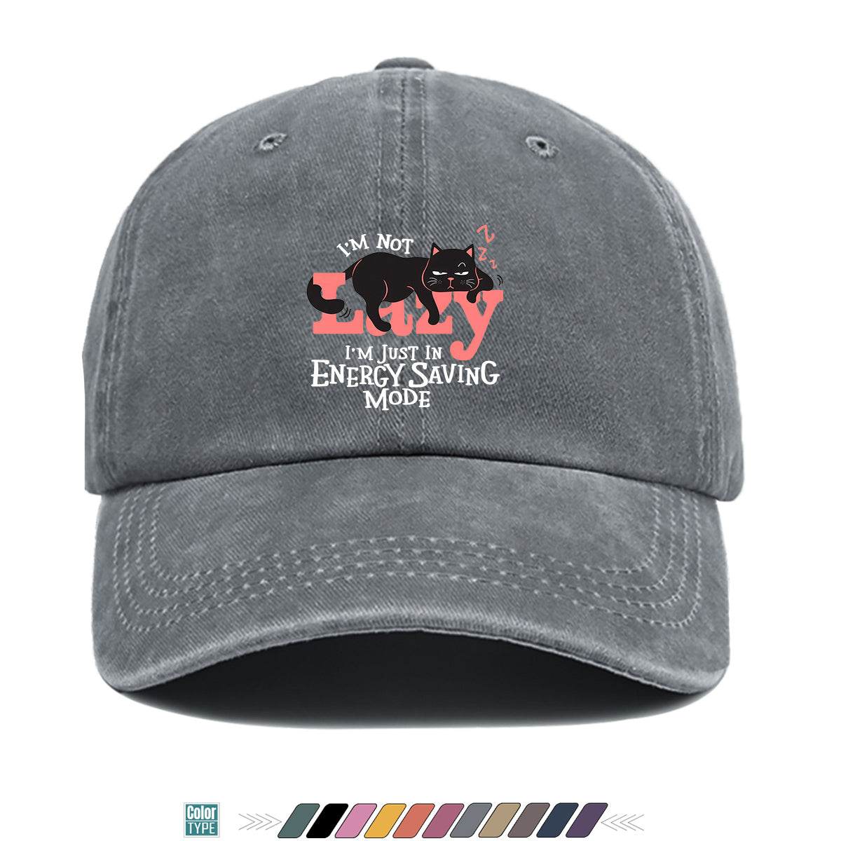 1pc "LAZY" Letter Print Baseball Cap with Lazy Black Cat Print, Fashionable Casual Duckbill Cap, Unisex Adjustable Street Style Sun Hat, for Daily Outings, Café Lounging, Weekend Lounging, Friend Gatherings, Daily Wear, Shopping, Park Strolls