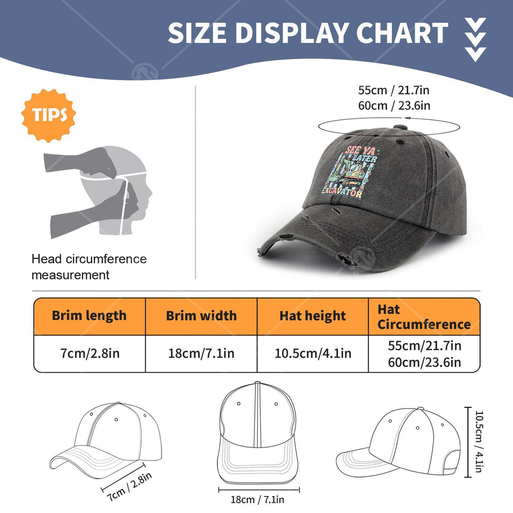 Seess Yassss Laters Excavator Truck Driver Cap - Vintage Washed Baseball Hat with Excavator Print, Machine Washable Unisex for Men & Women, Suitable for, Outdoor Activities, Retro Style