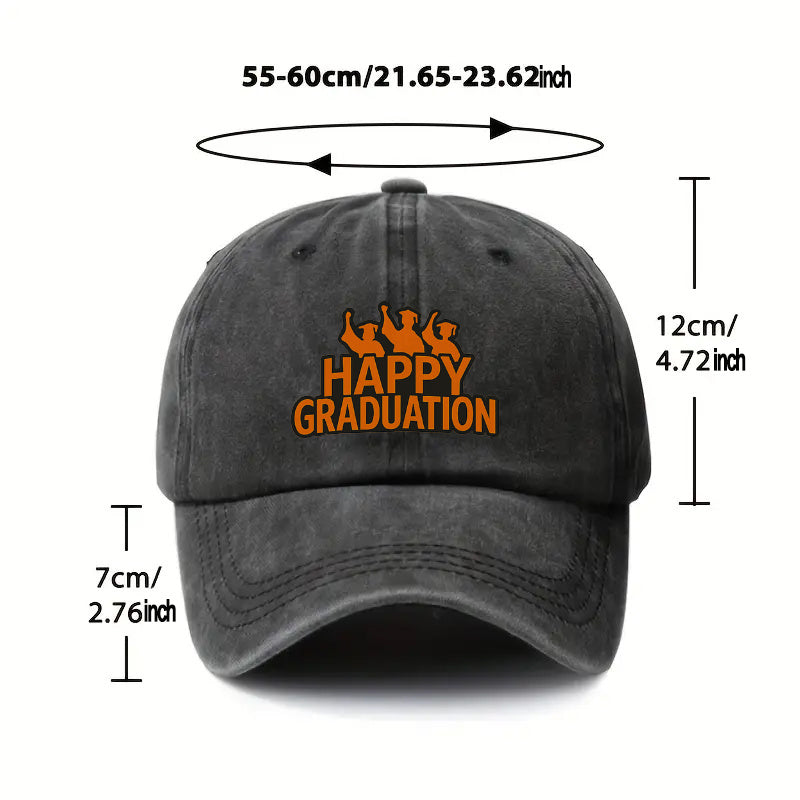 A Versatile Baseball Cap Featuring a 'Happy Graduation' Design, Made from Lightweight Polyester with Printed Craftsmanship. It'S Perfect for Outdoor Sports And Camping Enthusiasts, Trendy for Couples, Suitable As a Golf Cap, Trucker Hat
