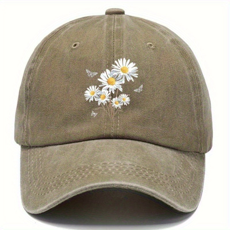 Vintage Daisy Butterfly Print Baseball Cap | Adjustable Lightweight Breathable Dad Hat, Outdoor Sports Leisure Gear, Black and White Floral Design, Teacher'S Day Graduation Gift, Casual Headwear, All-season