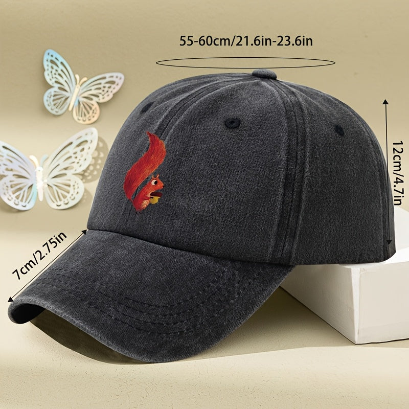Little Squirrel Cartoon Print Women'S Baseball Cap, Spring/Summer Versatile Vintage Soft Top Duckbill Cap, Dad Hat, Distressed Washed Cap, Outdoor Personalized Soft Top Hat, Unisex Hat, Distressed Washed Hat, Men'S Hat, Women'S Hat