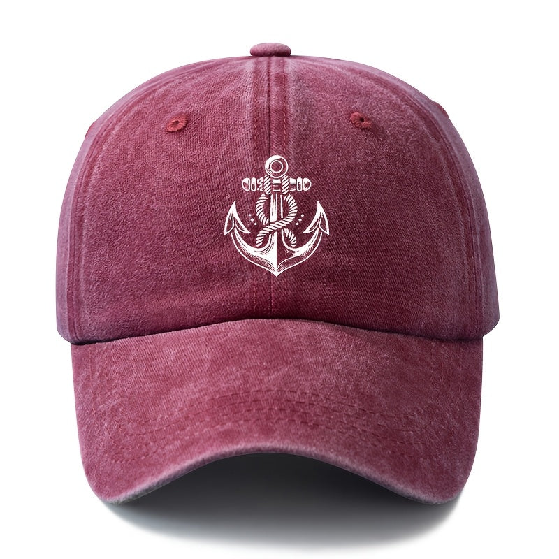 Unisex, Fashionable And Versatile Printed White Anchor Baseball Cap, Classic Retro Washed Outdoor Lightweight Curved Brim Cap, Trucker Baseball Cap, Suitable for Outdoor Vacations, Travel, Camping, And Other Casual Occasions, Hip-Hop Style Cap