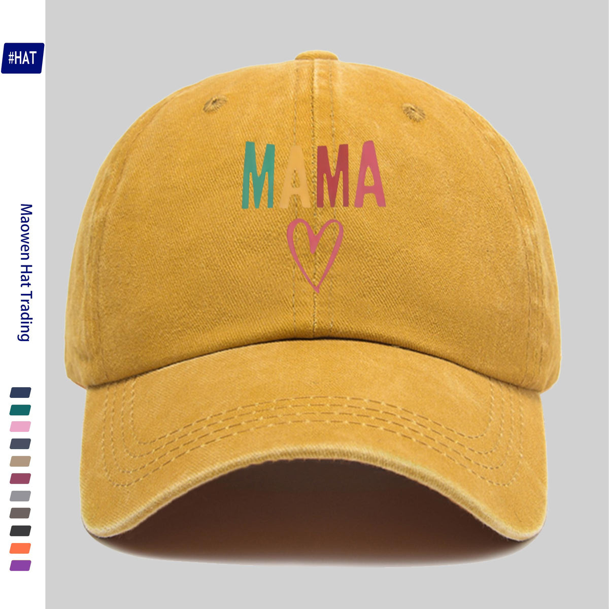 1 Vintage Washed Distressed Baseball Cap, Featuring a Fashionable and Minimalist Aesthetic, Unisex Cap with Multi-color MAMA Heart-shaped Print Design, Adjustable Size, Trendy Street Style, Trucker Dad Hat, Suitable for Outdoor Fishing, Hunting, And