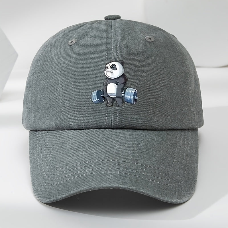 Cartoon Panda Print Baseball Cap with Panda Face - Washed Distressed Flat Brim Hat, Soft Top Moisture-Wicking Breathable Cap Suitable for, Casual Wear & Panda-Themed Outfits