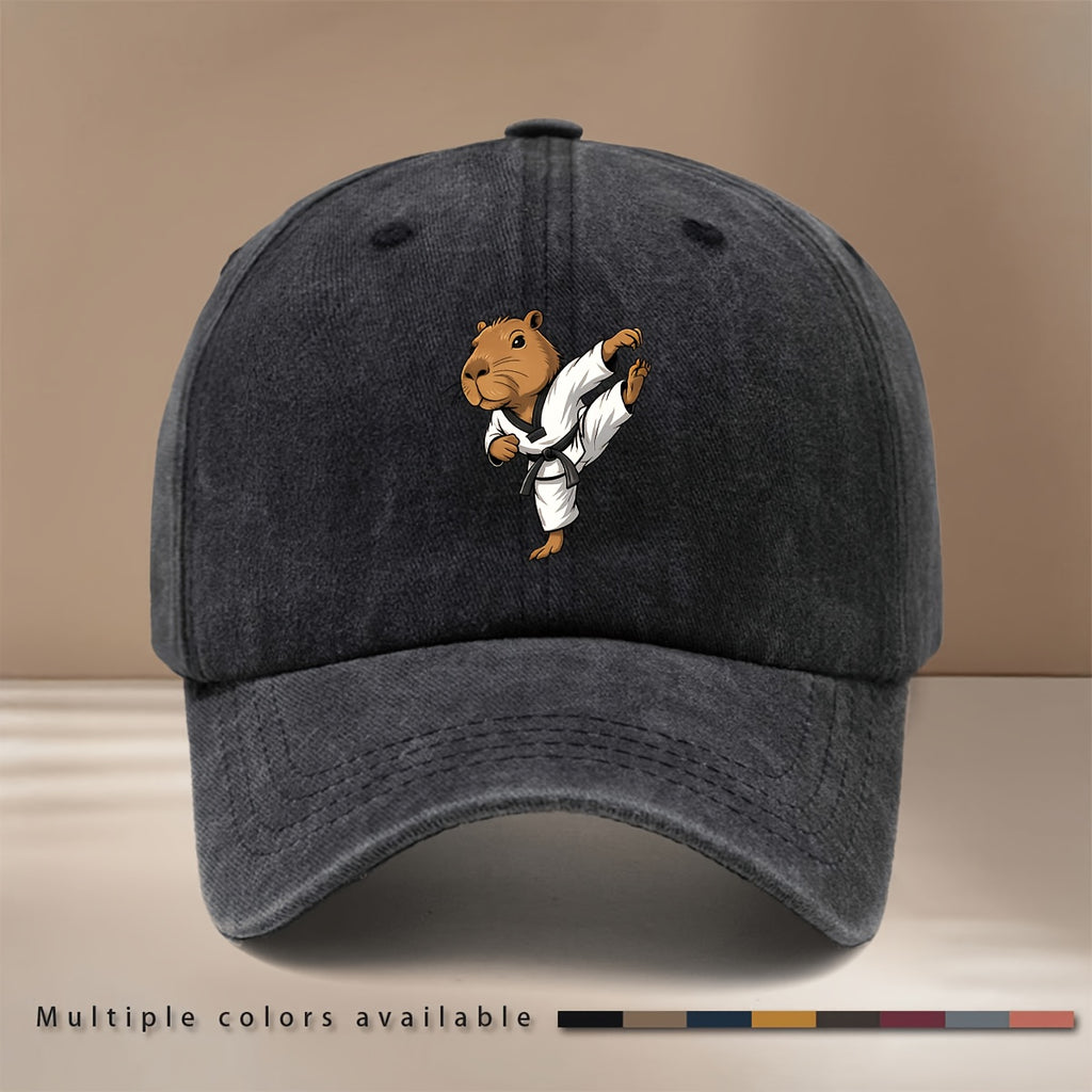 This Is a Comfortable And Stylish Baseball Cap Featuring a Capybara Design Related to Taekwondo. It Has an Adjustable Size, Suitable for Both Men And Women, And Is Lightweight And Trendy. Perfect for Outdoor Activities, Gatherings, And Camping
