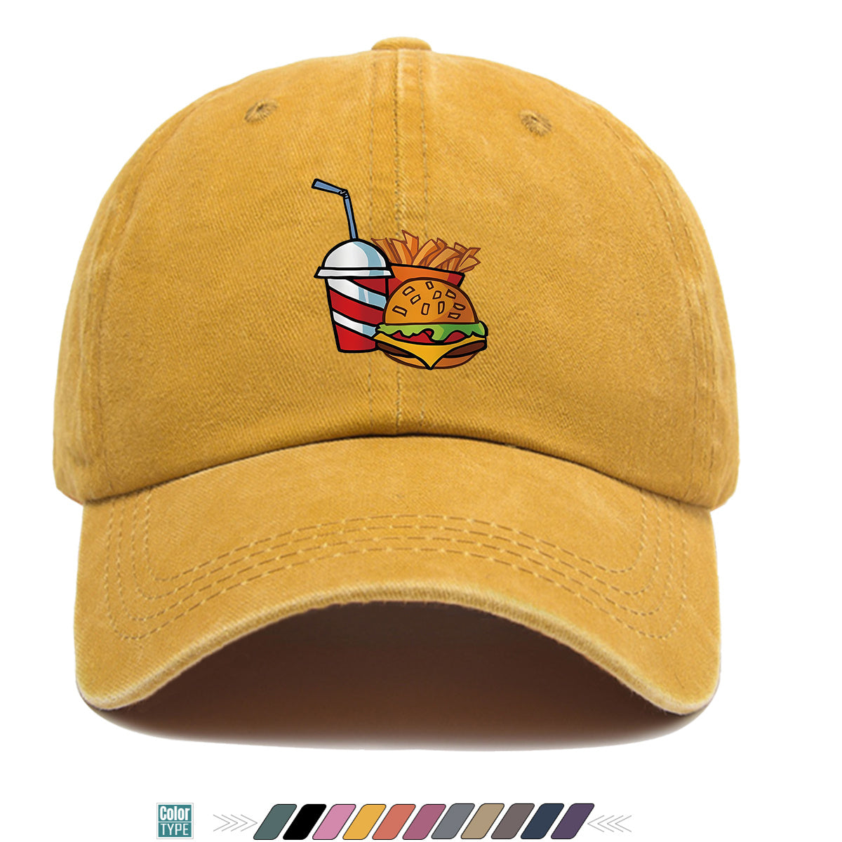 1pc Fast Food Theme Hamburger Fries Drink Print Baseball Cap, Fashion Trendy Sun Hat, Easy Personalized Design, Unisex Duckbill Cap, Adjustable Size, Street Style Hip-Hop Hat, Casual Sunshade Hat, Suitable for Shopping, Parties, Picnics, Travel