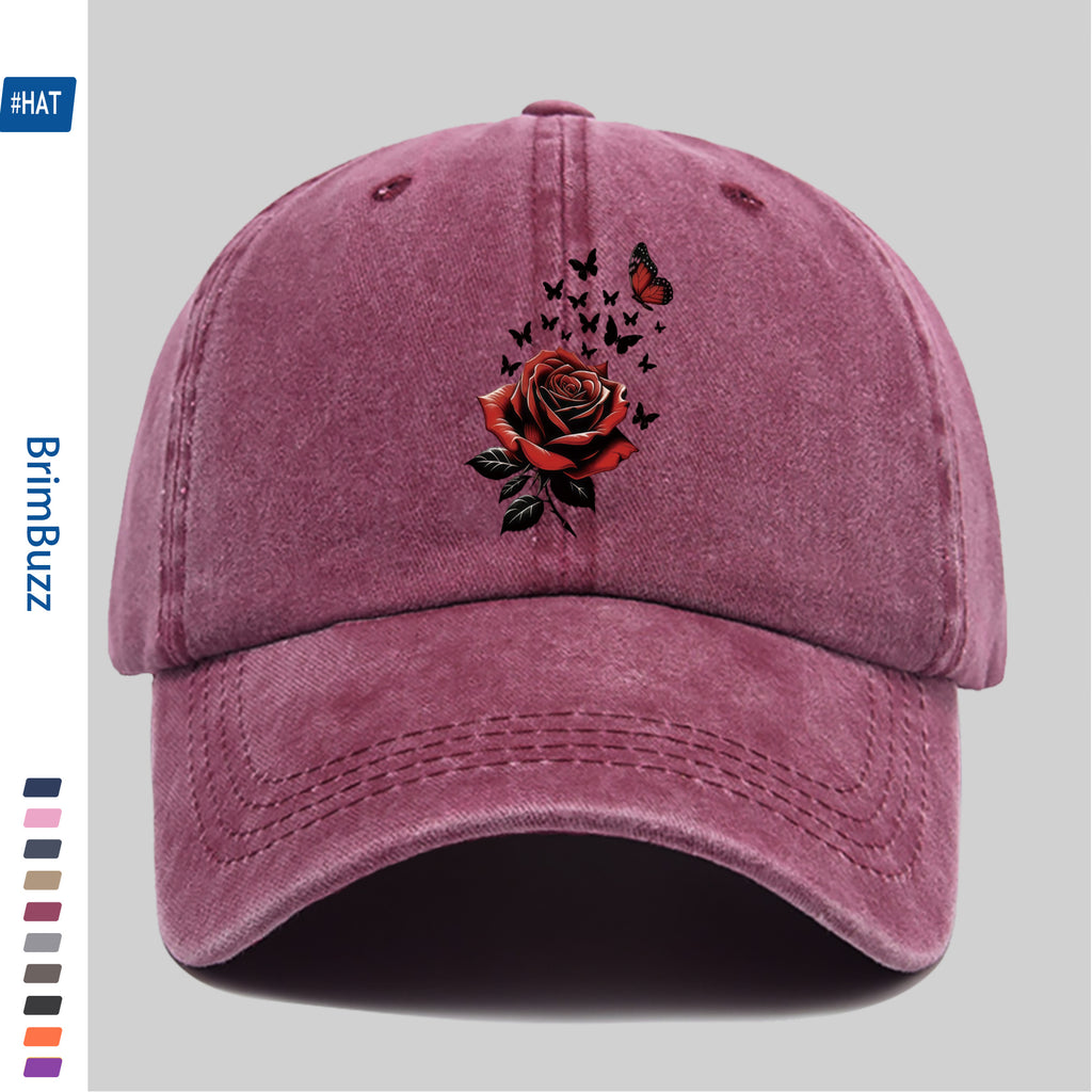 1pc Adjustable Trucker Sun Hat, Unisex, Vintage Washed Baseball Cap with Rose And Butterfly Print, Lightweight Outdoor Hat Suitable for Beach, Travel, Cycling, Party Gifts, Non-Elastic Strap Hat Suitable for Daily Casual Wear (Hand Washable)