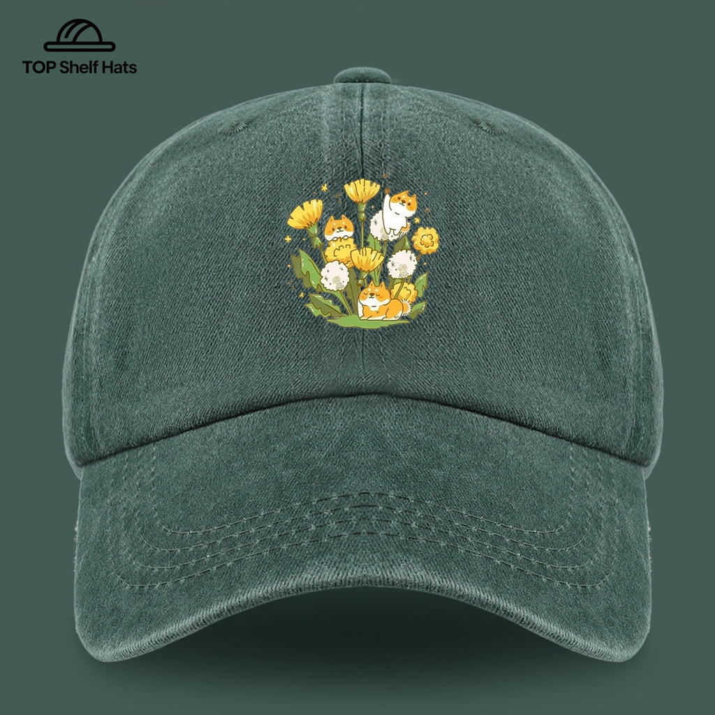 1pc Shiba Inu Dandelion Flower Patch Baseball Cap, Cute Pet Pattern Sun Hat, Fashionable Fresh And Beautiful Unisex Baseball Cap, Adjustable Size, Casual Shopping Hat, Travel Photography Hat, Suitable for Outdoor Picnics, Camping, Travel