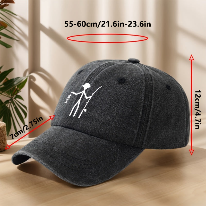 Creative Design Fishing Print Baseball Cap Classic Washed Vintage Duckbill Hat Soft Comfortable Sweat-Absorbing Breathable Hat Outdoor Leisure Sports Fishing Camping Adjustable Sun Hat