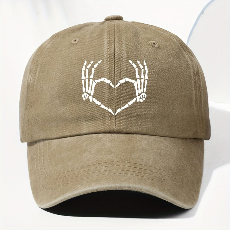 Men' & Women' Vintage Washed Baseball Cap with Heart & Skull Print - Adjustable Trucker Hat Suitable for All Seasons, Outdoor, Casual Wear, Retro Washed Style, Unisex for Daily Use, Driving,, and Everyday Fashion