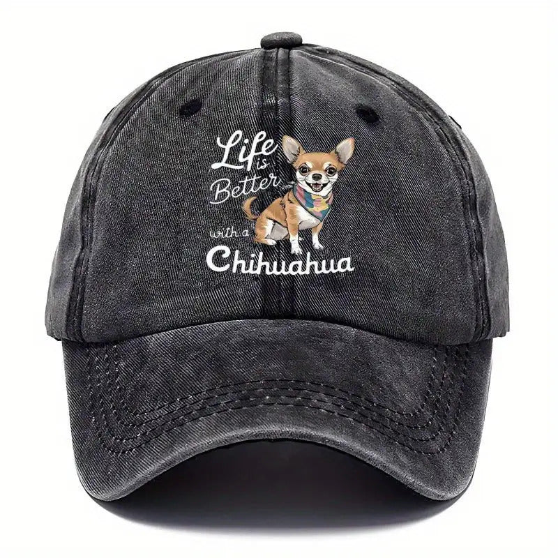 Adjustable "with Chihuahua Life Is Better"  Cap- Breathable Lightweight Viscose Fabric, Hand Wash Only, Suitable for Outdoor Sports and Casual Wear