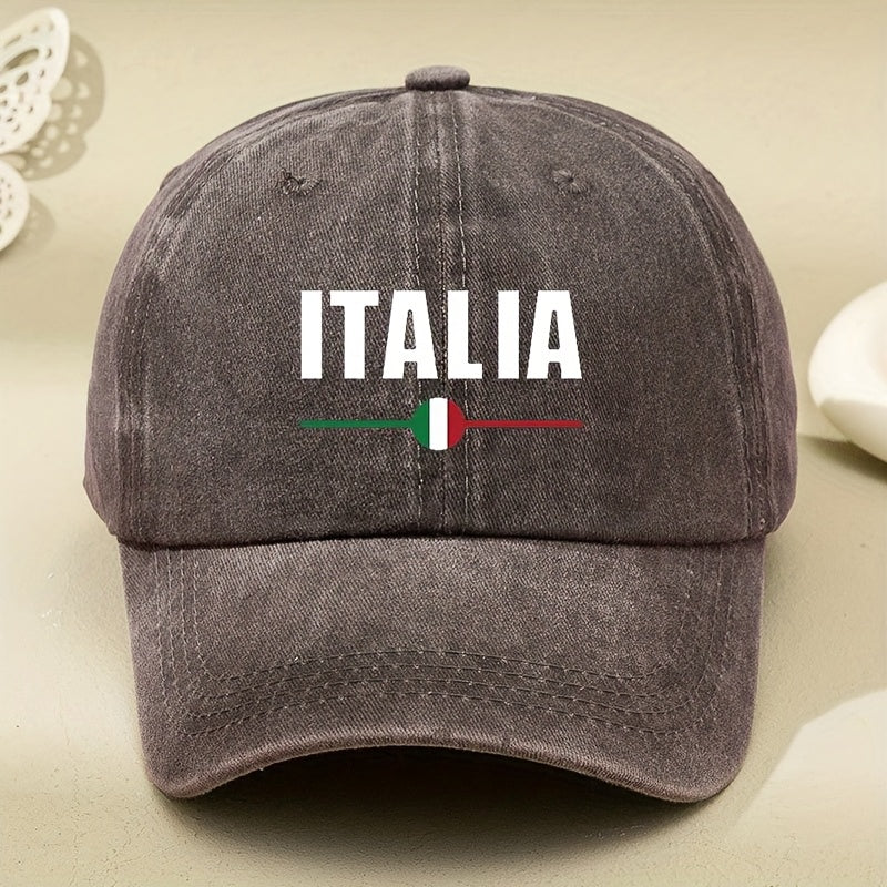 Italian White Letter Print Washed Vintage Baseball Cap, Casual Soft-Top Curved Brim Baseball Cap, Outdoor Duckbill Cap, Unisex Driver'S Cap, Distressed Washed Hat, Men'S Hat, Women'S Hat