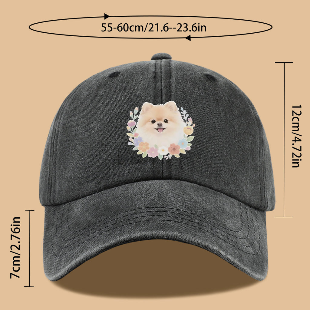 1pc Cute Pomeranian Dog Floral Surround Print Baseball Cap, Adorable Cartoon Breathable Sun Hat, Fashionable Fresh Aesthetic Unisex Cap, Adjustable Size Casual Streetwear, Campus Student Hat, Suitable for Daily Commuting, Park Outings