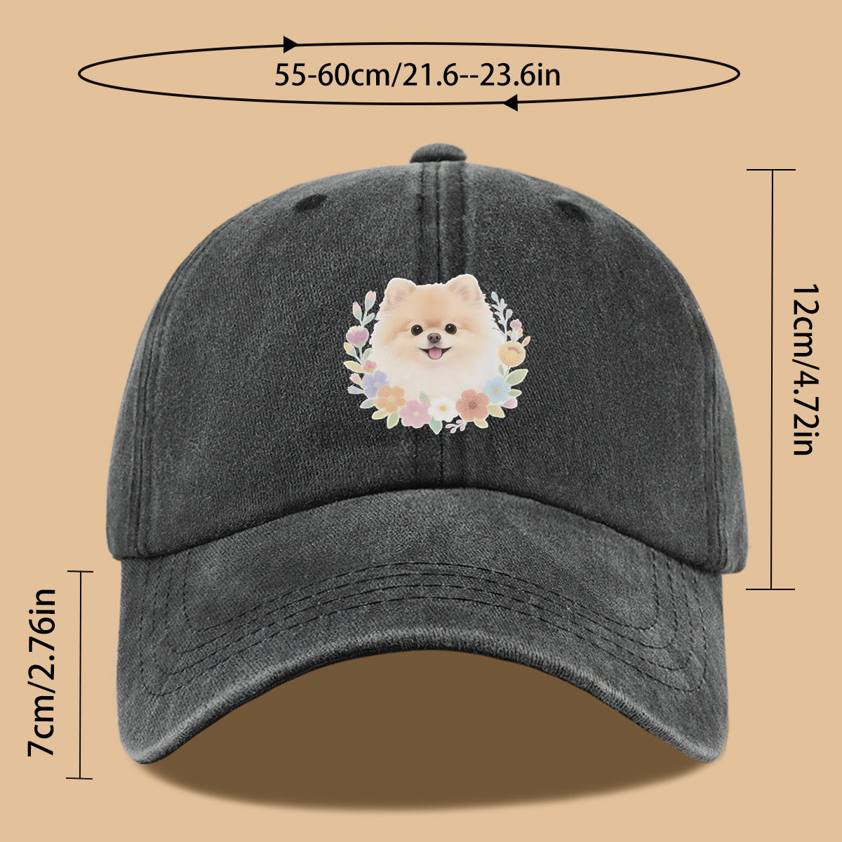 1pc Cute Pomeranian Dog Floral Surround Print Baseball Cap, Adorable Cartoon Breathable Sun Hat, Fashionable Fresh Aesthetic Unisex Cap, Adjustable Size Casual Streetwear, Campus Student Hat, Suitable for Daily Commuting, Park Outings