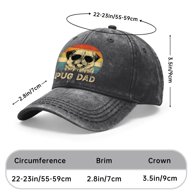 1pc Vintage Washed Baseball Suitable for Men & Women, Pug Dad Graphic Adjustable Retro Hat with Pug Dog Print, Unisex Outdoor Casual Gift for Dad, for Hikers,, Casual Attire - Design