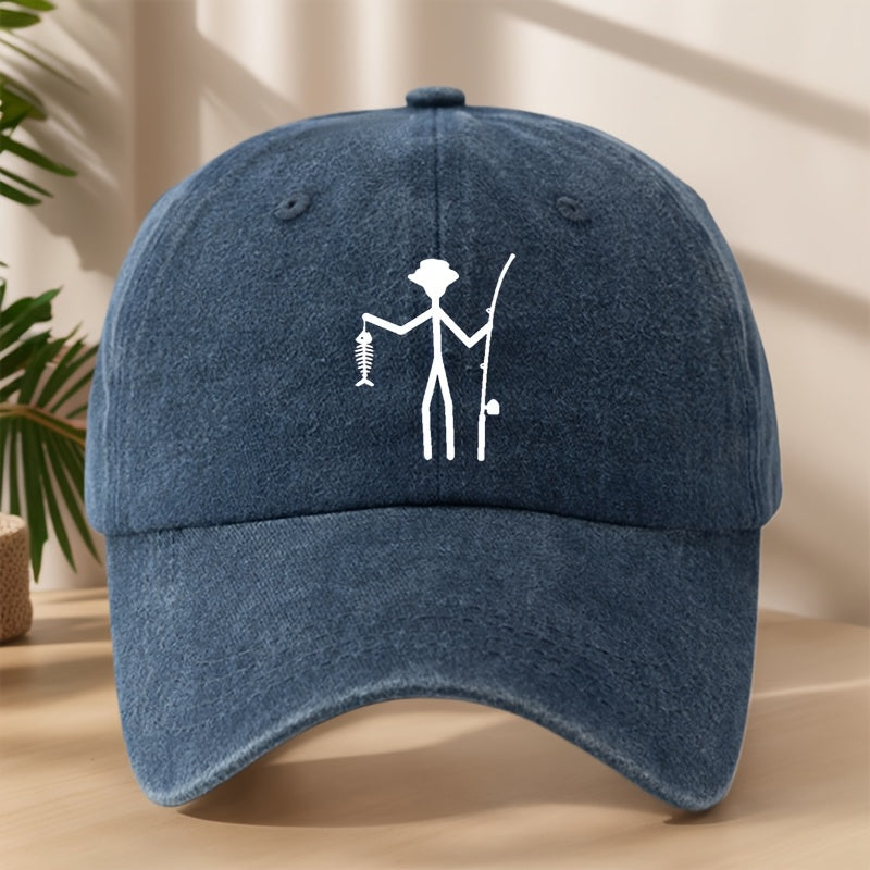 Vintage Baseball Cap | Creative Fishing Design, Soft & Comfortable, Breathable & Sweat-Absorbent Polyester, Adjustable Fit for Outdoor Sports, Fishing, Camping - Black with White Graphic Print, Fishing Hat