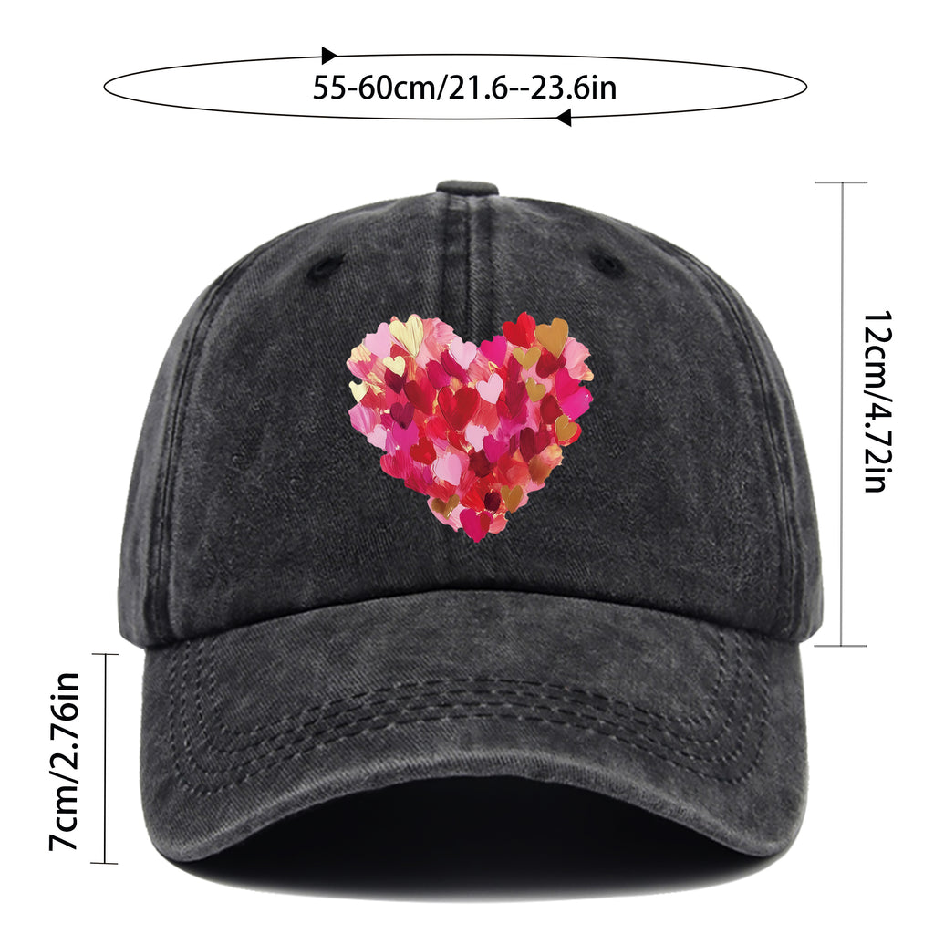 Heavy-Duty Washed Vintage Trucker Cap, Thick Oil-Painting Style Heart Print, Adjustable Snapback Closure, Suitable for Sports, Unisex Outdoor Cap, Ideal for All-Season Travel, Durable Headwear