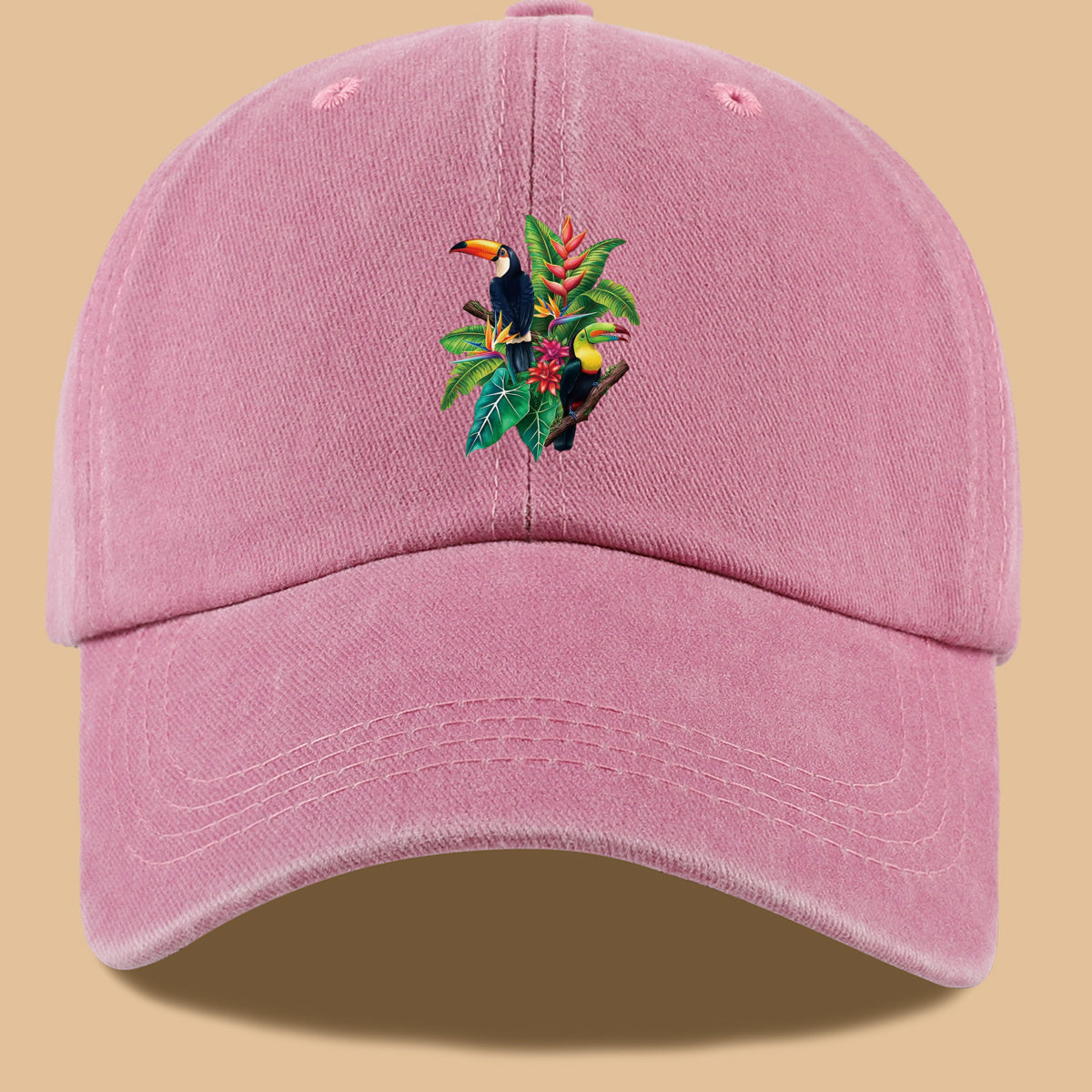 1pc Tropical Rainforest Theme Toucan Print Baseball Cap, Tropical Plant Floral Pattern Sun Hat, Fashionable And Individual Aesthetic Unisex Baseball Cap, Adjustable Size Outdoor Casual Sun Hat, Suitable for Vacation, Travel, Camping, Picnic