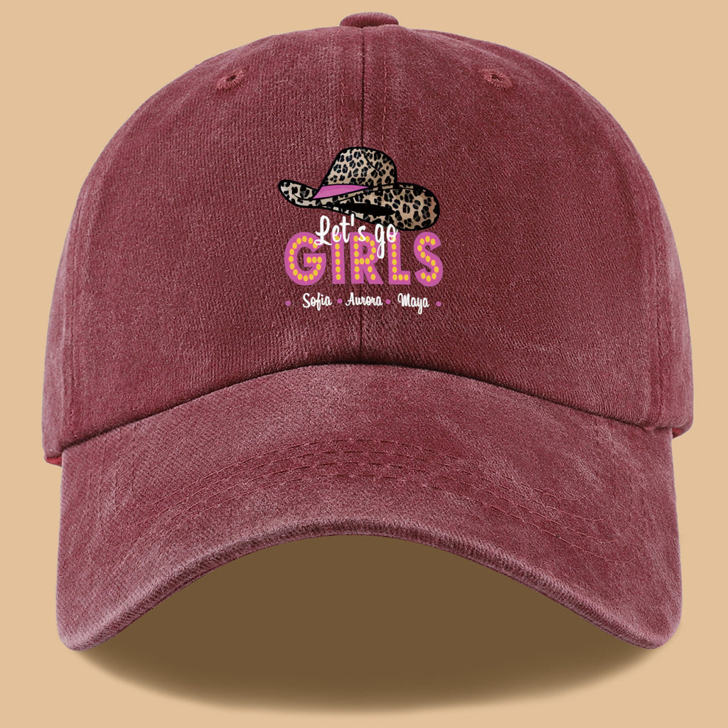 1pc Leopard Print Wide Brim Baseball Cap, Pink Brim with "Let'S Go GIRLS" Neon Style Letters, Adorned with Sofia, Aurora, Maya Names. Fashionable And Individual Sun Hat, Adjustable Size. Bestie Outing Hat, Sister Gathering Hat