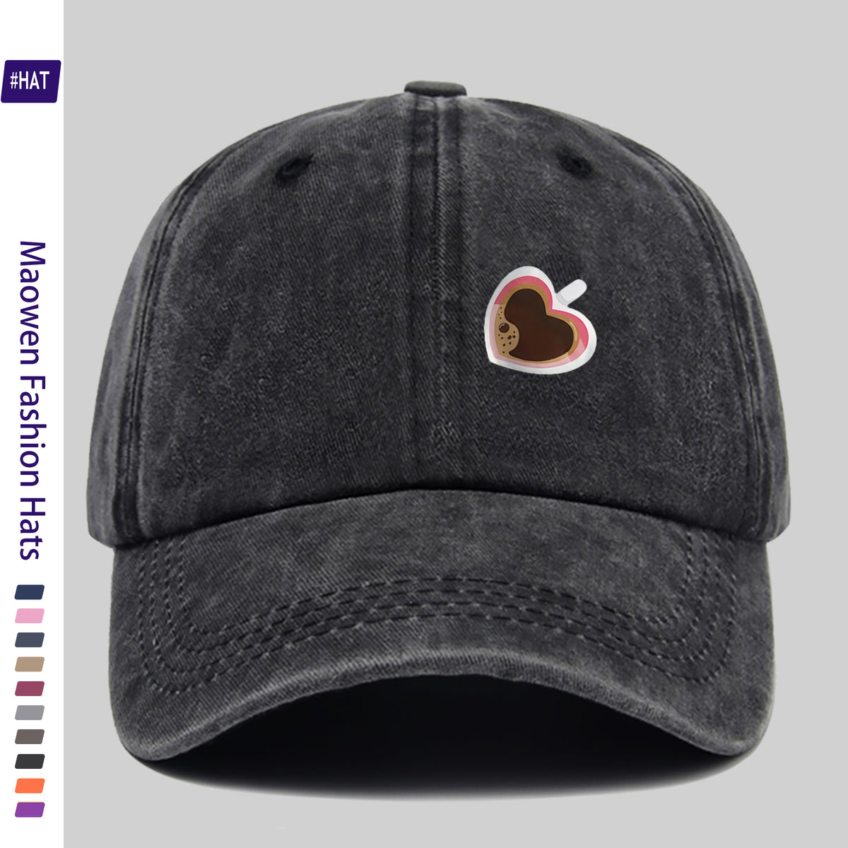 Adjustable Unisex Summer Baseball Cap with Washed Vintage Brim And Distressed Design, Featuring a Distinctive Heart-Shaped Coffee Cup Print, Embodiment of Italian-Style Retro Aesthetics. This Street-Style Skateboard Retro Snapback Hat Is Durable