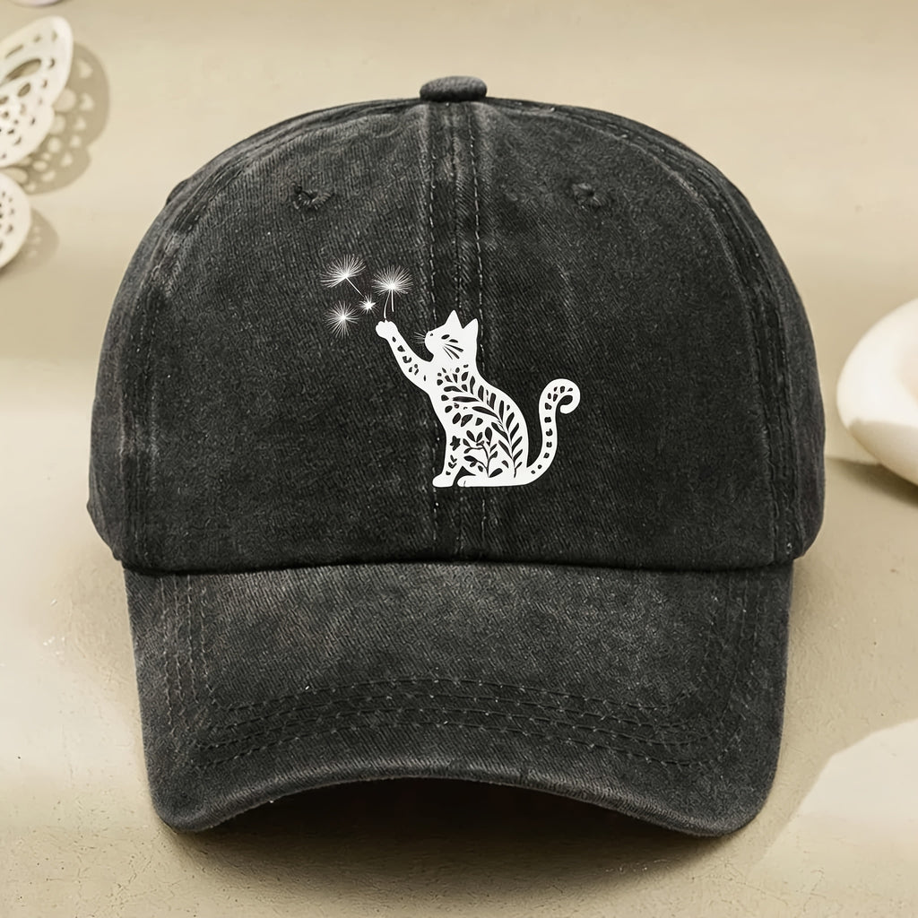 Vintage Cat & Dandelion Embroidered Baseball Cap for Men & Women - Adjustable Pull-String Hat with Embroidered Kitten & Seed, Machine Washable, Casual Streetwear Gift Suitable for Parties, Casual Attire, Themed Events