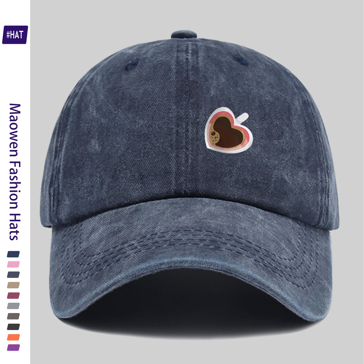 Adjustable Unisex Summer Baseball Cap with Washed Vintage Brim And Distressed Design, Featuring a Distinctive Heart-Shaped Coffee Cup Print, Embodiment of Italian-Style Retro Aesthetics. This Street-Style Skateboard Retro Snapback Hat Is Durable